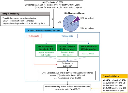 Workflow of data analysis, including data preprocessing, 10-fold cross-validation, and external validation for the entire machine learning process.