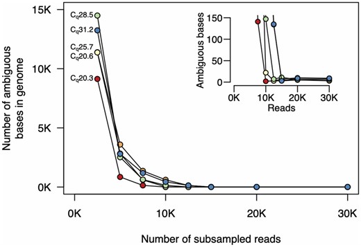 Numbers of ambiguous bases at different sequencing depths. We subsampled reads and used the filtering and assembly steps of the ARTIC Network bioinformatics pipeline. For all samples, <10 ambiguous bases remain after subsampling to 15 000 reads. For samples with lower Cq, only 10 000 reads are required. The inset plot shows higher resolution at the lower end of the y-axis. The colours of each sample on these plots are the same as those in Figs 3 and 4.
