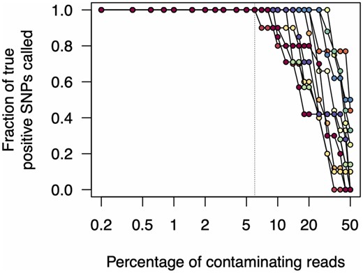 Effects of read contamination on SNP call rate. We simulated read contamination by mixing reads between all pairwise combinations of samples (see main text). We then calculated the fraction of true positive SNP calls from these contaminated read sets. Note that the x-axis is on a log scale.