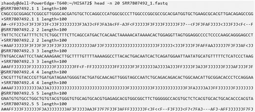 A snapshot of 20 lines in the SRR7807492_1.fastq file that stores the sequencing reads. Each four lines contains the information about one sequencing read. The first line begins with a “@” character followed by a sequence identifier and an optional description. The second line contains the raw sequence letters. The third line begins with a “+” character optionally followed by the same sequence identifier. The fourth line records the sequencing quality values for the sequence.