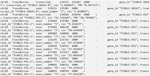 A snapshot of the first several lines in the SRR7807492_genome.sam file that stored the alignment information of RNA-seq reads to the reference genome. Lines starting with “@” are the headers of the file. Each line after the headers records the alignment information of one reads (e.g. query name, flag, reference sequence name, start position, CIGAR string, mate reference sequence name, mate start position, insert size, base sequence of the read, etc.).