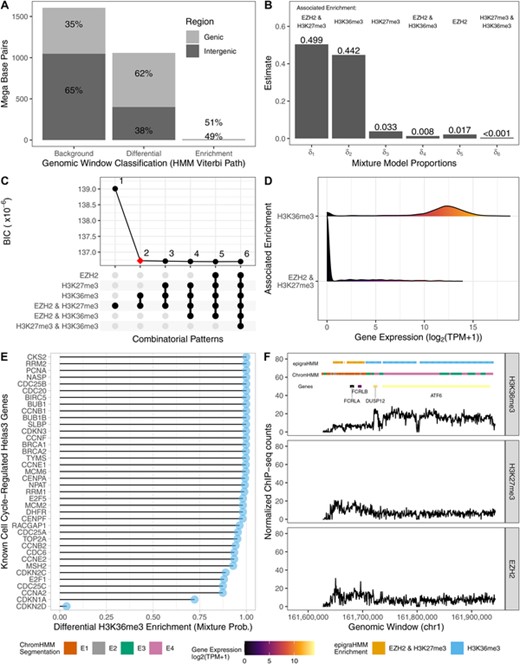 Genomic chromatin state segmentation and classification. (A) Distribution of base pairs (y-axis) and the Viterbi sequence of states (x-axis). (B) Estimated mixture probabilities and the associated differential combinatorial patterns. (C) Choice of best model with two mixture components via BIC. (D) Density estimate from expression of genes intersecting differential peaks associated with the enrichment of H3K36me3 alone or the enrichment of H3K27me3 and EZH2 in consensus. (E) Cell cycle-regulated genes and their associated average mixture posterior probabilities associated with differential H3K36me3 enrichment pattern of overlapping differential peaks. (F) Example of a genomic region with differential peaks and genes, colored according to their classification and expression levels, respectively. This figure appears in color in the electronic version of this article, and any mention of color refers to that version.
