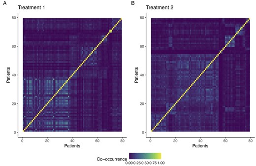 Heatmap of averaged co-occurrence matrix for patients who received Treatment 1 (pane A) and Treatment 2 (pane B).