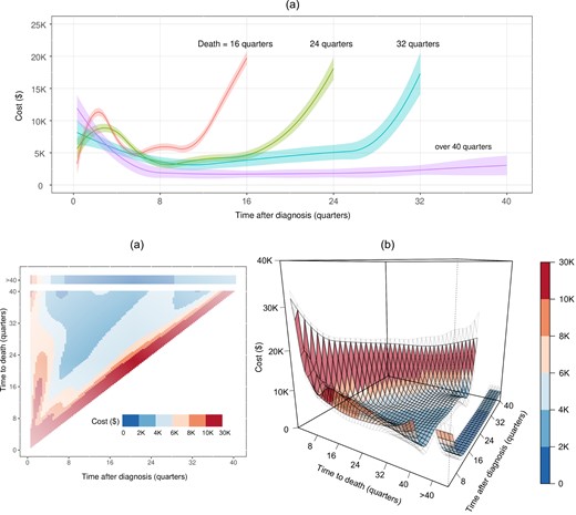 SEER-Medicare data application results for the estimated reference cost trajectories (a) 2D heatmaps and (b) 3D “surface” with 95% confidence intervals with 95% upper and lower bounds in gray meshes.