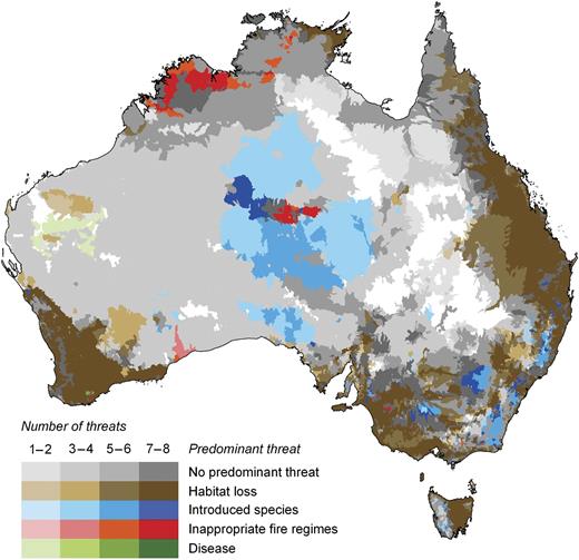The distribution of the predominant threats to biodiversity across Australia. The “predominant threat” is the threat affecting the greatest number of species in each subcatchment. Where two or more threats affect an equivalent number of species, we consider there to be no predominant threat occurring in these subcatchments, displayed here in shades of gray. Darker colors indicate a larger overall number of threats occurring in the subcatchment. White indicates areas where no threatened species occur.