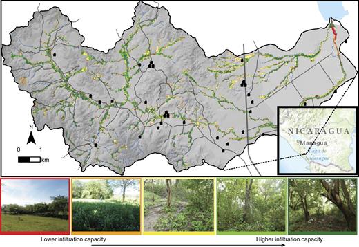 Water quality is improved through increased vegetation in riparian areas by increasing infiltration capacity. Using remotely sensed data, we are able to scale this ecosystem service to the watershed scale to target areas for ecosystem-service payment schemes (Chávez Huamán 2010, Niemeyer 2011). The photographs illustrate different vegetation classes based on leaf-area index, scaled to a watershed, using the Normalized Difference Vegetation Index. The black symbols are settlements and the color borders around the photos correspond to infiltration capacity on the map. Abbreviation: km, kilometers. Photographs: Ryan Niemeyer.