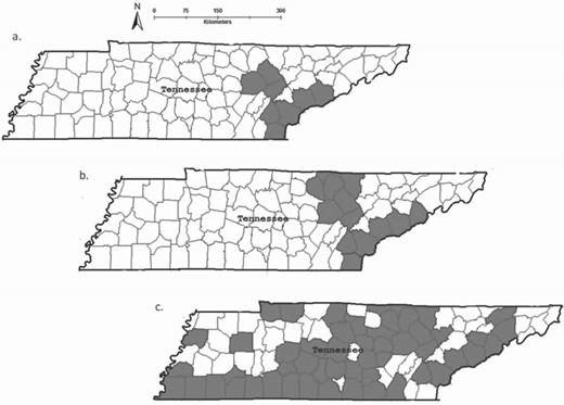 Feral swine distribution in Tennessee, showing known breeding populations (a) before 1950; (b) in 1988, prior to the open-season hunting program; and (c) in 2012, after the hunting program ceased in 2010. The data were provided by Daryl Ratajczak and Chuck Yoest, of the Tennessee Wildlife Resources Agency.