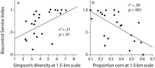 Biocontrol services from coccinellids as a function of landscape diversity (a) and the dominance of corn within 1.5 kilometers (km) of soybean fields (b). Sources: Panel (a) is adapted from Gardiner and colleagues (2009); panel (b) is reprinted from Landis and colleagues (2008).