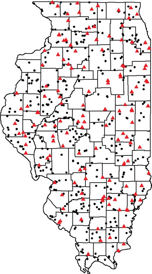 Grassland, wetland, and forest survey sites across the state of Illinois. The red triangles represent the survey sites with at least one of the target species included in our analyses. The black circles represent sites where our target species did not occur.