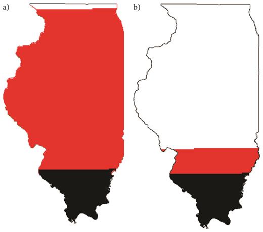 New grassland plantings needed to compensate for milkweeds lost from Illinois croplands under (a) the best estimate and (b) optimistic milkweed-loss scenarios. The black portion of the state represents our estimate for current grassland cover (supplemental table S7). The red portion represents the area of additional grassland cover that would be needed to compensate for milkweed losses since the adoption of herbicide-tolerant crop technology (assuming the same milkweed abundance in planted versus existing grasslands).