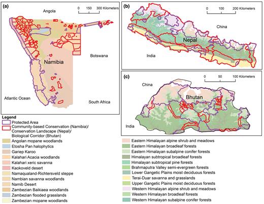 a–c. Ecoregion conservation planning in three developing countries: (a) Namibia uses communal conservation areas to extend protection beyond protected areas and cover a diverse set of ecoregions, (b) Nepal uses a mixture of protected areas and conservation landscapes to protect along north–south and east–west gradients, and (c) Bhutan uses protected areas combined with biological corridors to provide connectivity between protected areas and across ecoregions.