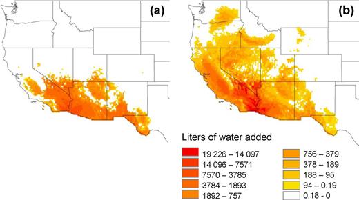 Total water required to be added to garden from January to June (a) and from January to December (b). Only the western United States is shown because no water in addition to precipitation is needed in the rest  of the country.