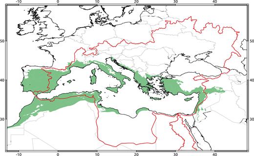 The region with a Mediterranean climate (filled region) surrounds the Mediterranean Sea, but the whole Mediterranean catchment is far larger (the thick red line). Therefore, atmospheric processes occurring in the Mediterranean Sea can have hydrological implications in the central and eastern part of the European continent. Sources: Cortambert (1870), the World Wildlife Fund, Jenness and colleagues (2007), Millán (2014).