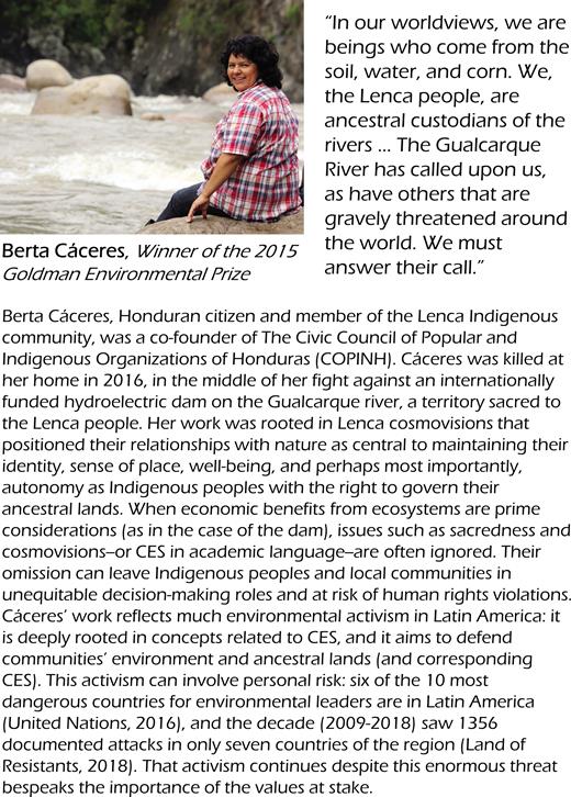 Tribute to Berta Cácares. The description illuminates relationships between Cácares work, Indigenous world views, and the types of values that CES research strives to represent to the extent possible. Photograph: Goldman Environmental Prize.