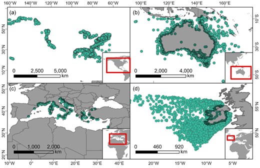 An estimated three million shipwrecks exist worldwide. Examples of potential shipwreck distributions by geographic region include (a) the United States (AWOIS 2016), (b) Oceania (Australian government 2021), (c) Mediterranean Sea up to CE 1500 (Strauss 2013), and (d) Ireland (Government of Ireland 2021). These regions are examples of shipwreck distributions from publicly available data sets in well-studied regions.