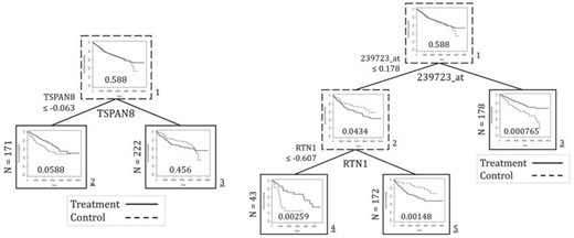 Results of tamoxifen data application. The final tree and corresponding final subgroups from Zhu and others (2017) are presented (left) in addition to the results from the DIPM method (right). The plots depict the Kaplan–Meier curves and log-rank test p-values by treatment group of the data at each node.