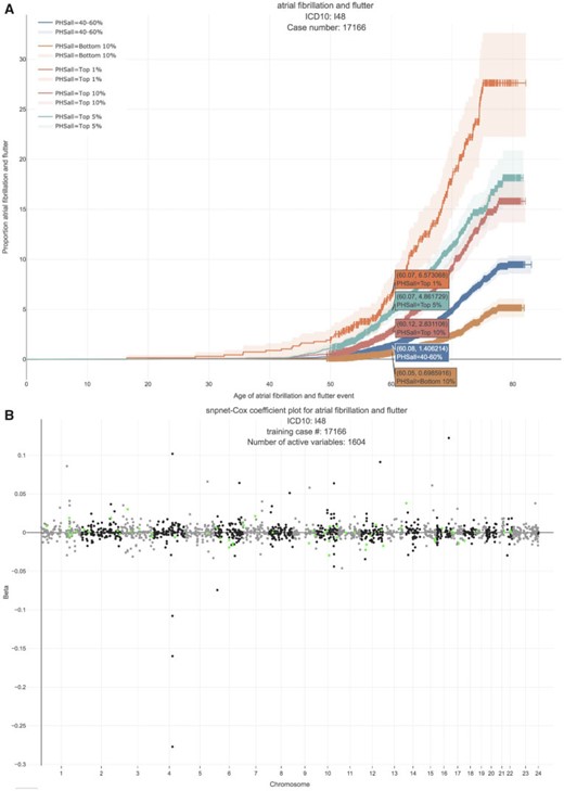 Atrial fibrillation. (A) The Kaplan–Meier curves for percentiles of PHSs for variants selected by snpnet-Cox, in the held out test set (orange: top $1\%$, green: top $5\%$, red: top $10\%$, blue: 40–60$\%$, and brown: bottom 10$\%$; ticks represent censored observations. Highlighted are the proportion of atrial fibrillation events by age 60 across the percentile scores. (B) Plot of snpnet-Cox coefficients for atrial fibrillation with $1604$ active variables. Green dots represent protein-altering variants.