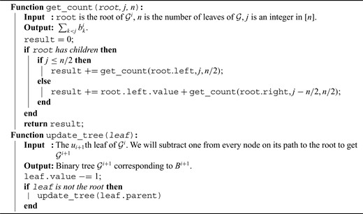 $\mathcal{O}(\log n)$ array count and tree update algorithm to compute (2.14)
