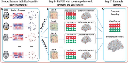 Workflow of the SDNCMV method: (a) estimate individual-specific network strengths with the spatial $\times$ temporal data; (b) combine individual network information and confounders to fit PLR with bootstrap samples; (c) ensemble learning with the bootstrap results from the PLRs.