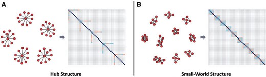 Graph structures and the corresponding heat maps of correlation matrices considered in our simulation studies: (a) Hub structure; (b) Small-World structure.