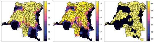 The resource allocation next year using the estimated optimal policies with either the linear local utility function (left) or the quadratic local utility function (middle), or using “Highest_rate” policy (right).