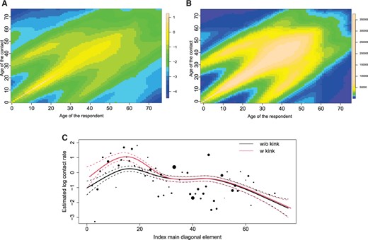 The estimated log contact rates surface (A), $\hat{\mathbf{H}}$, and the mixing at the population level (B), $\hat{\boldsymbol{\Gamma}} \odot \mathbf{P}$, for model $\mathcal{M}_2$ with the NB1 distribution including an additional kink on the main diagonal. The diagonal elements of $\hat{\mathbf{H}}$ for the model with and without a kink (C), together with the $95\%$ confidence intervals based on 5000 simulation from (2.17). The dots indicate the observed log-contact rates and are proportional to the number of respondents of age $i-1$, $r_{i}$.