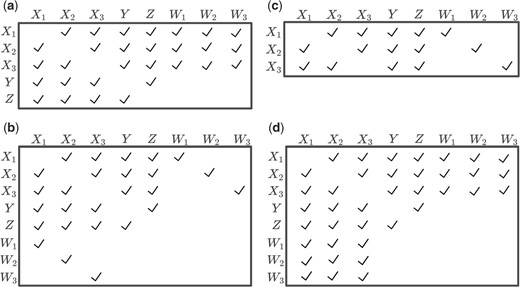 Four imputation matrices, applying constraints of the strong NDME assumptions, used in the constrained CEMI method for correcting measurement errors in the main study sample: (a) external design with a common calibration data for all Xs under the strong NDME Assumption S1, (b) external design with different calibration data for each X under the strong NDME Assumption S2, (c) internal design under the strong NDME Assumption S2, and (d) external design with a common calibration sample and some measures of W in the main study data below LODs under the strong NDME Assumption S1.