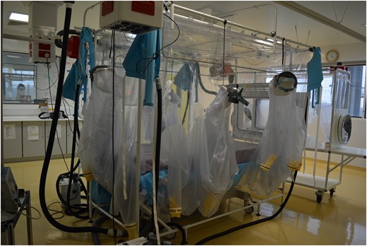 One of the two Trexler isolator tents in the Royal Free Hospital High Level Isolation Unit.