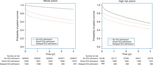 Survival analysis by ICU admission status: whole cohort and high-risk subgroup. ICU, intensive care unit.