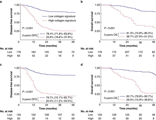Kaplan–Meier survival analysis of the training and validation cohorts grouped by the collagen signature.