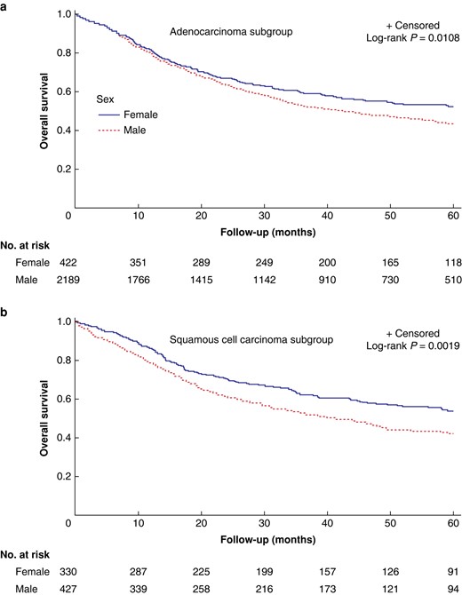 Overall survival for male versus female patients in the ENSURE study.