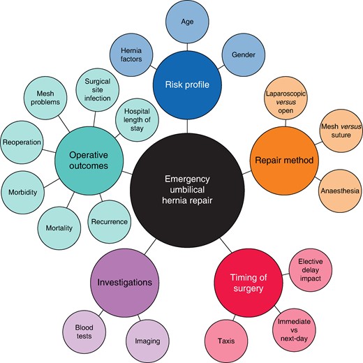 Data mapping to key emergency umbilical hernia repair themes