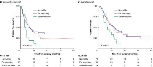 Kaplan–Meier survival curves according to mesopancreas infiltration