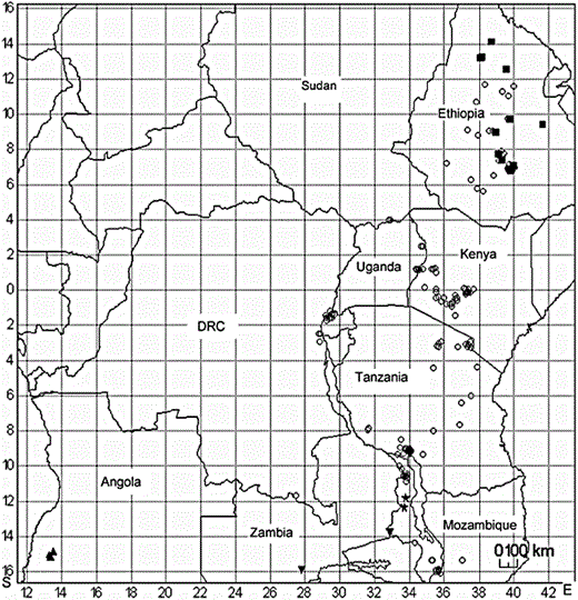 Distribution of the six species of Cineraria occurring north of 16°S: ○ C. deltoidea, ■ C. abyssinica, ◊ C. foliosa, ★ C. magnicephala, ▴ C. huilensis, ▾ C. mazoensis.