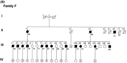 (A) Pedigree of Family D. Ages beneath each symbol are present age or age at death. Death is indicated by a diagonal line through the symbol. A = autopsy. (B) Pedigree of Family F. (C) Pedigree of Family G.
