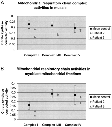 Fig. 2 Respiratory chain complex activity corrected for citrate synthase. Control data are expressed as mean ± 95% confidence interval. Complex IV activity expressed ×10. (A) Homogenized muscle. (B) Myoblast mitochondrial fractions.