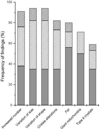 Frequency of ultrastructural findings in 34 patients with 3243A>G. Grey bars = proportion of mild changes; hatched bars = moderate changes; cross-hatched bars = severe changes.