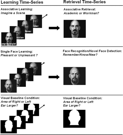 FMRI tasks. The left side shows example stimuli used for associative learning, single face learning and the visual baseline condition. The right side shows example stimuli used for associative retrieval, face recognition, novel face detection, and the visual baseline condition. Alex Kayser granted us permission to use and reproduce faces from his book ‘Heads’, 1985, New York: Abbeville Press.