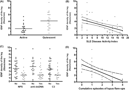 Correlation of disease activity with IENF density in SLE. (A) IENF densities of patients with active lupus (open circles) were lower than those of patients with quiescent lupus (closed circles) (1.86 ± 1.37 versus 4.15 ± 2.20 fibres/mm, P = 0.0002). (B) IENF densities were negatively correlated with SLE Disease Activity Index (slope = −0.200 ± 0.049, r = 0.527, P = 0.0002). (C) Reduced IENF densities were associated with the presence of neuropsychiatric syndromes (NPS) [1.86 (0.00–6.69) versus 3.82 (0.75–9.58) fibres/mm, P = 0.0011], evolving changes in anti-dsDNA antibodies (anti-dsDNA) [1.87 (0.00–6.68) versus 4.36 (0.10–9.58) fibres/mm, P = 0.012], and evolving changes in C3 (C3) [1.87 (0.00–5.40) versus 3.62 (0.10–9.58) fibres/mm, P = 0.041]. (D) IENF densities were negatively correlated with the cumulative episodes of lupus flare-ups within 2 years before the skin biopsy (slope = −1.218 ± 0.333, r = 0.616, P = 0.0014). In A and C, the bars show mean and median values, respectively. In B and D, the solid lines represent the linear regression lines and dotted lines indicate 95% confidence intervals.