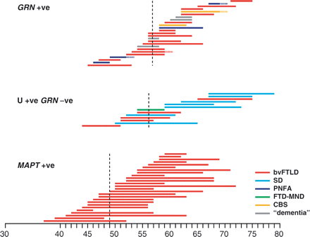 Clinical duration and clinical category of FTD is shown as a coloured bar in GRN mutation carriers (GRN-positive), MAPT mutation carriers (MAPT-positive) and wild-type GRN FTLD-U. See text for statistical analysis. Dotted vertical line indicates the mean age at clinical onset for each group.