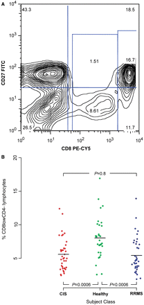 The CD8low population is decreased in frequency in untreated subjects with RRMS. (A) Representative density plot of a subject with RRMS outlining the gates used to capture the CD8low and CD8+ cell populations. These flow cytometric data were selected from ‘Gate 1’, the gate that captures the lymphocyte population in our sample (see supplementary Fig. 1). (B) We have plotted the frequency (%) of the CD8lowCD4− feature, the most differentiated feature in our analysis, for each of the healthy control (green), CIS (red) and RRMS (green) subjects. The frequency is calculated based on the number of cells found within Gate 1; thus, the denominator is the total number of cells found within our lymphocyte gate.