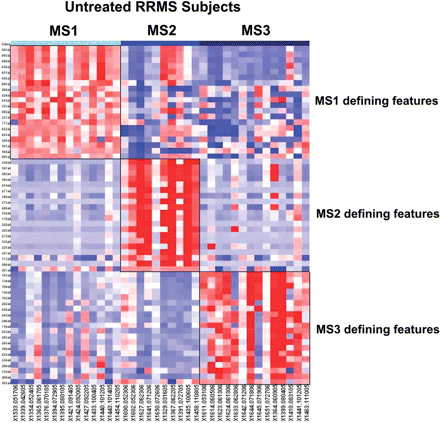 A heatmap highlights the difference in expression patterns between the three subsets of subjects with RRMS. In this heatmap, each column is an individual subject, with subjects grouped together based on the MS subset (MS1–3) to which they have been assigned by consensus clustering. Each row is a single feature. For each MS subset, the 20 features that are most differentiated in that subset were selected for inclusion in this heatmap. The exact nature of each feature is listed in Supplementary Table 3. Each cell is coloured along a gradient with red denoting high relative expression and blue low expression.