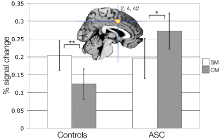 Activation in middle cingulate cortex for self-mentalizing (SM) compared with other-mentalizing (OM) (SM > OM). This figure shows group differences in the middle cingulate cortex response (MNI x = 2, y = 4, z = 42; thresholded at P < 0.005, uncorrected for display purposes) to SM compared with OM (SM > OM) for controls (left) and autism spectrum conditions (ASC) (right). Error bars indicate ±1 SEM. **P < 0.005; *P < 0.05. Note that percent signal change values cannot be assumed to represent equivalent values between-groups, because groups may differ in their underlying physiological baseline level of activity.