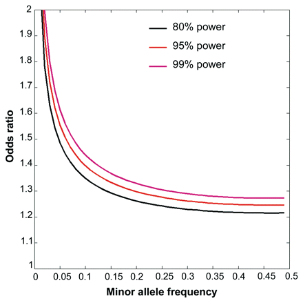 Minimal detectable odds ratio at P = 5 × 10−8 for different power levels in our genome-wide association-study. Power calculations were performed assuming a disease prevalence of 0.5%, the additive risk model and r2 = 0.9 between a causal variant and a genotyped marker.