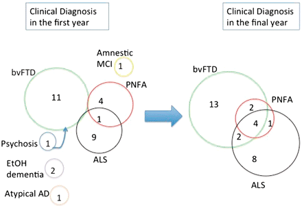 Evolution of clinical diagnoses. There was a tendency for the clinical phenotypes to converge with disease progression. AD = Alzheimer's disease; bvFTD = behavioural variant frontotemporal dementia; EtOH = alcohol related; MCI = mild cognitive impairment.