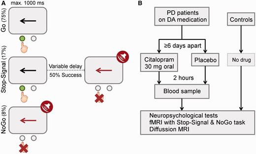 (A) Task and stimuli. (B) Design and drug. PD = Parkinson’s disease; DA = dopamine.