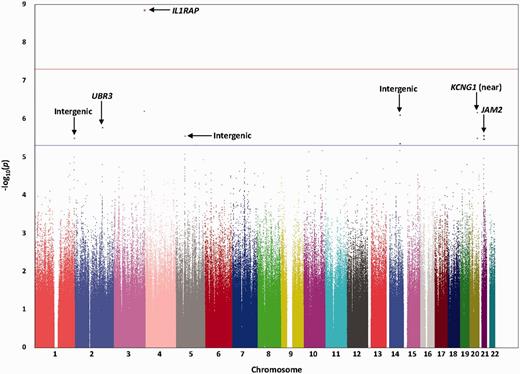 Manhattan plot for the GWAS of longitudinal change in cortical amyloid PET burden. Observed −log10P-values (y-axis) are displayed for all tested SNPs on each autosomal chromosome (x-axis). A genome-wide significant association (P < 5 × 10−8; red line) with longitudinal change in global cortical amyloid burden measured by 18F-florbetapir PET was identified on chromosome 3 within IL1RAP. Suggestive associations (P < 5 × 10−6; blue line) were identified on additional chromosomes.