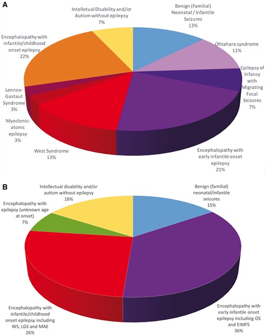 Distribution of patients according to phenotype and age at epilepsy onset. (A) Epilepsy phenotypes in the previously unpublished cohort (n = 66). ‘Patients with Lennox-Gastaut syndrome’ refers to patients with Lennox-Gastaut syndrome not evolving from West syndrome. (B) Phenotypes in the overall cohort (n = 201). LGS = Lennox-Gastaut syndrome; MAE = myoclonic-atonic epilepsy; OS = Ohtahara syndrome; WS = West syndrome.