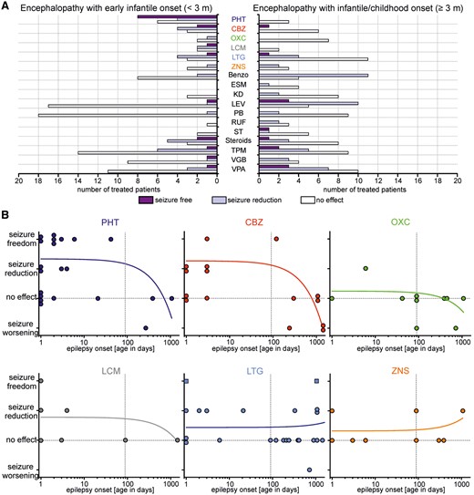 Treatment effects on epileptic seizures in patients with SCN2A-related encephalopathies. (A) Number of treated patients and their seizure outcome according to the judgement of the treating physician (purple = seizure free; light purple = seizure reduction; open bar = no effect) that have been treated with different AEDs. Only effects of AEDs that have been used in more than three patients are shown. (B) Effects of treatments with specific SCBs on seizures as a function of the age of onset of the epilepsy in days. Each dot represents one treatment period with the respective SCB of one patient. Squares in the lamotrigine graph represent a combination of lamotrigine with additional AEDs. Patient 23 has been excluded for carbamazepine, as the seizure freedom correlated with phenytoin treatment. Lines represent linear regressions highlighting the dependence of treatment effects with SCBs on age of onset of the epilepsy. Only for phenytoin the slope was significantly different from 0 (phenytoin: P = 0.03; carbamazepine: P = 0.06; oxcarbazepine: P = 0.43; lacosamide: P = 0.50; lamotrigine: P = 0.66; zonisamide: P = 0.52). benzo = benzodiazepines; CBZ = carbamazepine; ESM = ethosuximide; KD = ketogenic diet; LCM = lacosamide; LTG = lamotrigine; LEV = levetiracetam; OXC = oxcarbazepine; PB = phenobarbital; PHT = phenytoin; RUF = rufinamide; ST = sulthiame; TPM = topiramate; VGB = vigabatrin; VPA = valproate; ZNS = zonisamide.