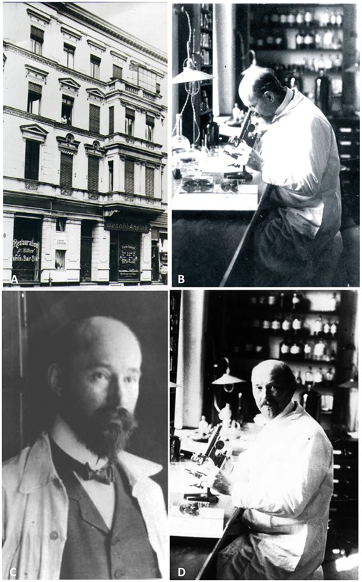 Photographs portraying Brodmann's time in Berlin. (A) ‘Neurobiological Central Station’, Berlin, Magdeburgerstr. 16. (B–D) Korbinian Brodmann during his time in Vogt’s ‘Neurobiologischem Laboratorium’ in Berlin. With permission of the C. & O. Vogt Archive, Institute of Brain Research, University Düsseldorf.